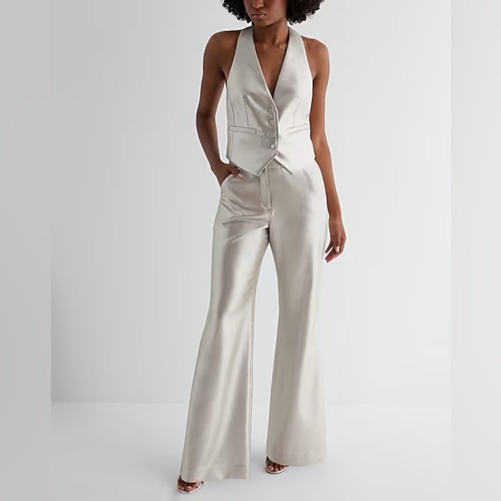 NWT Express Editor High Waisted Metallic (Champagne Gold) Trouser Flare Pant